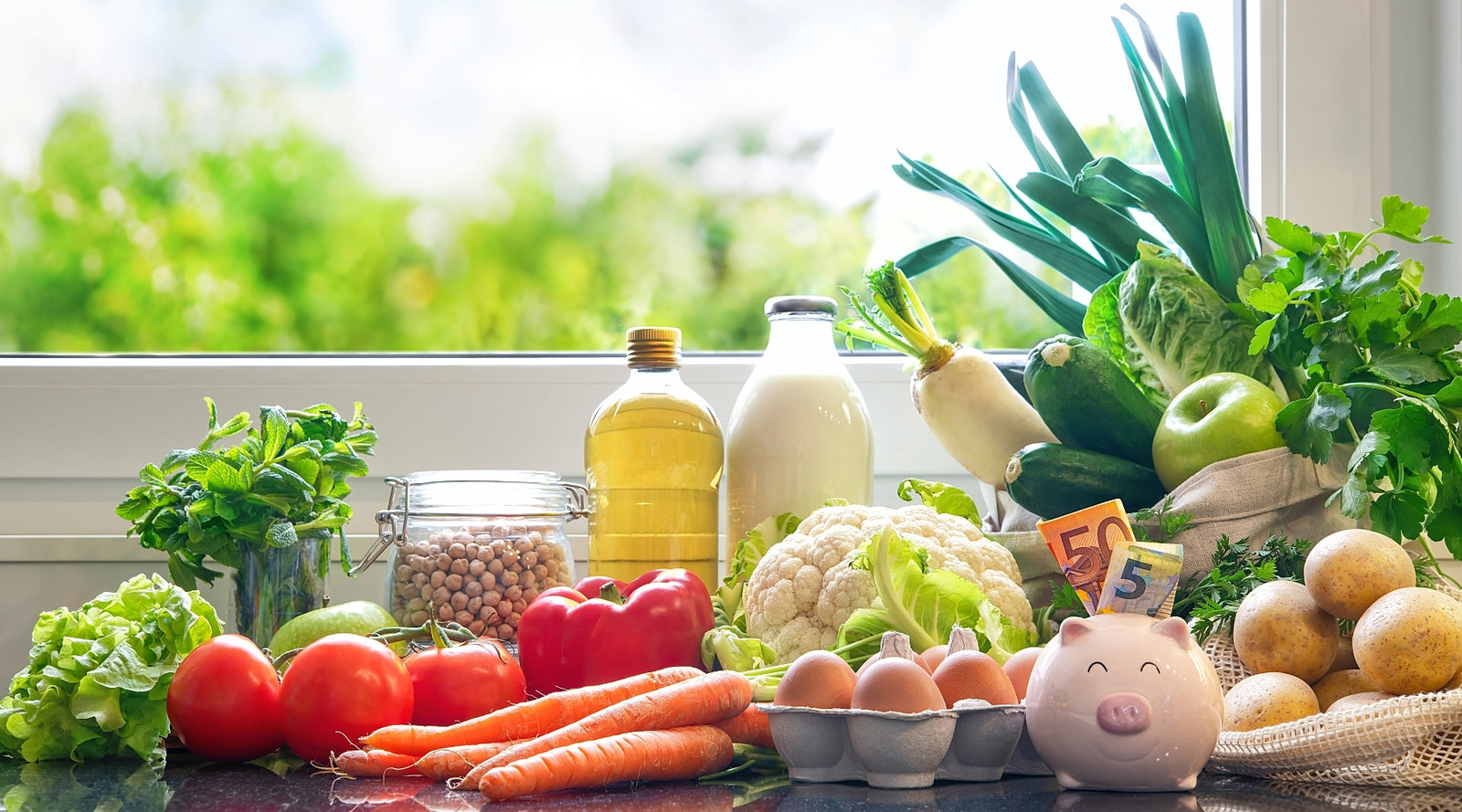Array of vegetables and eggs on a sunny table with a small piggy bank.
