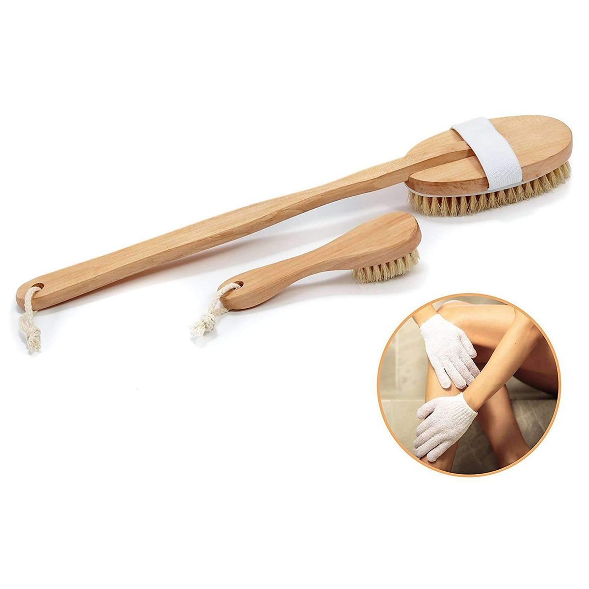 Dry Brush Spa Package: a long-handle wooden body brush with a strap, a small face brush, and an inset photo of exfoliation gloves in use