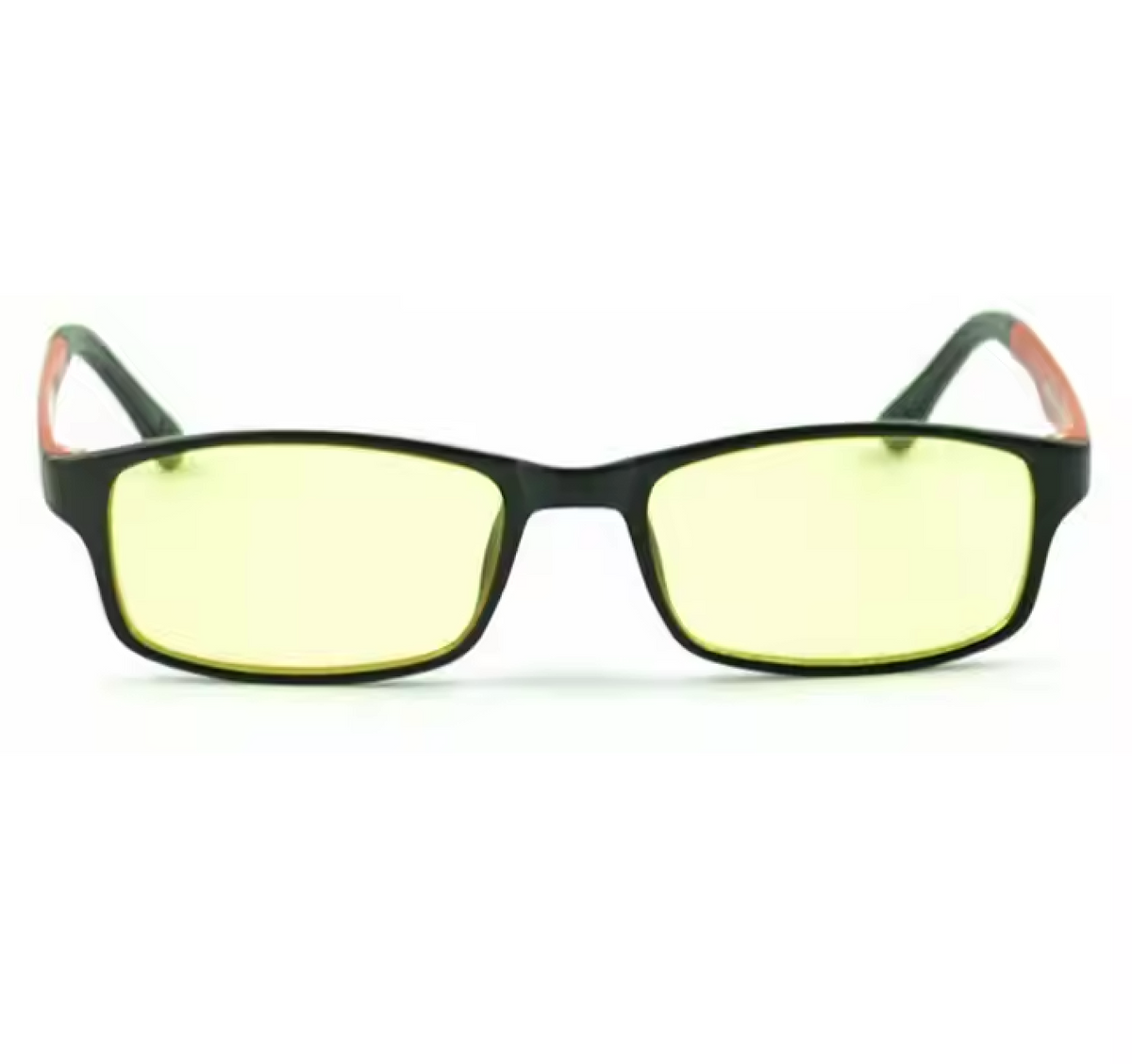 Daytime Blue Light Blocking Glasses: black rectangular frame with yellow lenses and orange-accented temples, front view