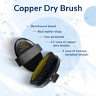 Infographic of the EquiLife Copper Dry Brush: beechwood board, real leather strap, iron grommets, 4.5 rows of copper wire bristles, 2 rows of humane horsehair bristles