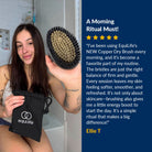 Customer holding the EquiLife Copper Dry Brush and its drawstring bag beside a five-star review from Ellie T