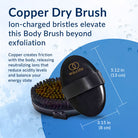 Infographic of the EquiLife Copper Dry Brush with its 5.12 inch by 3.15 inch dimensions and text about ion-charged bristles