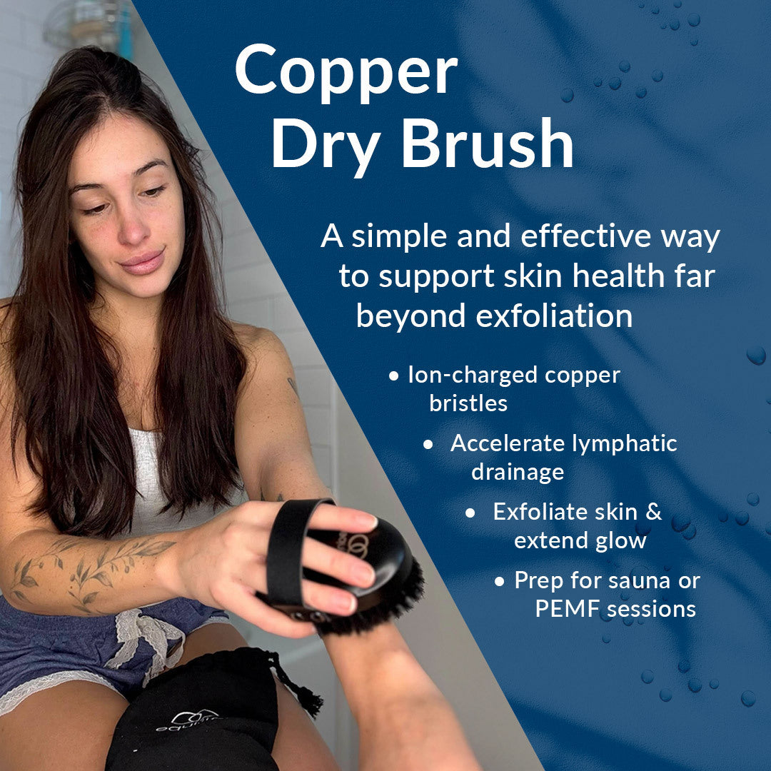 Person seated in a bathroom using the EquiLife Copper Dry Brush on her leg, with feature text beside her