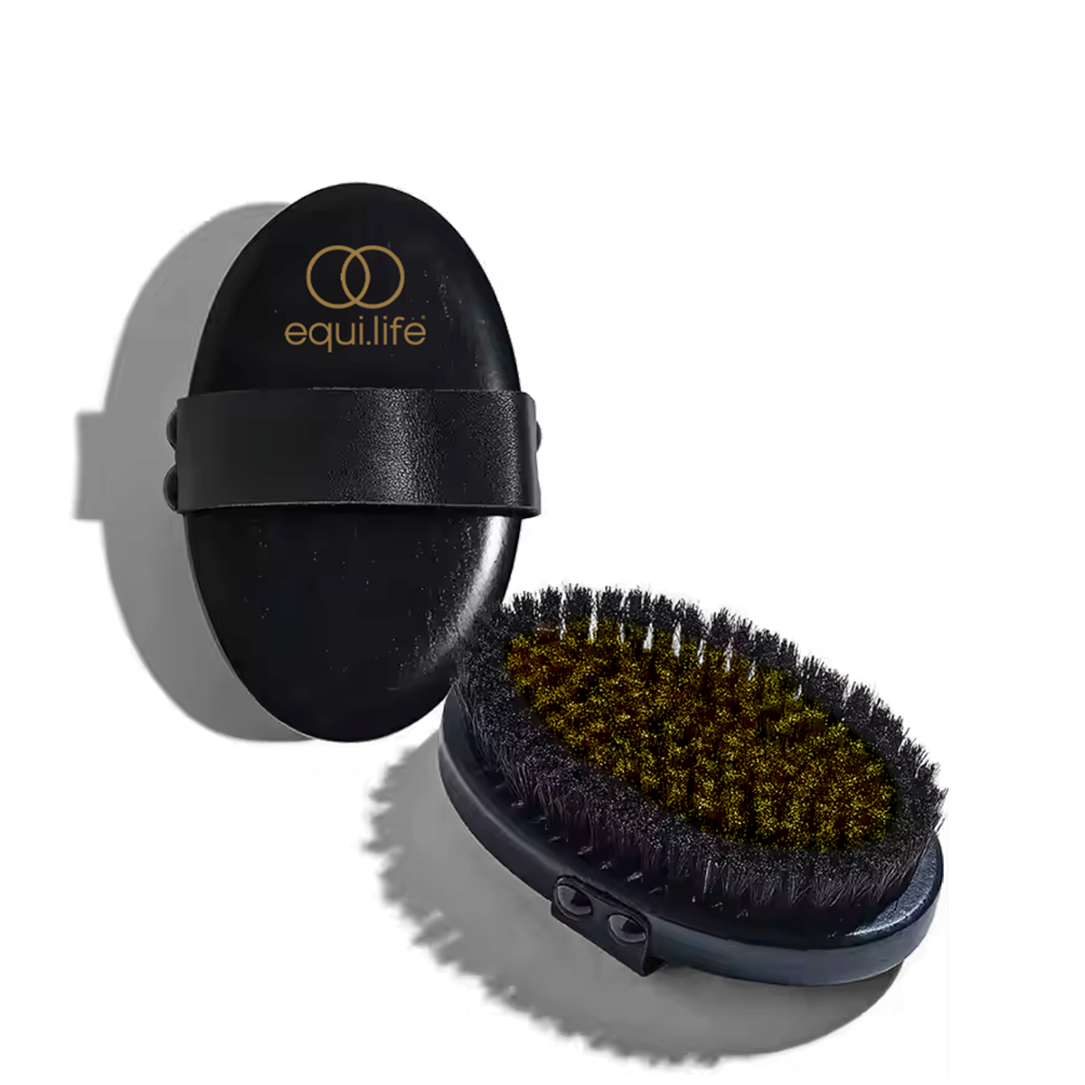 EquiLife Copper Dry Brush: an oval black brush with a strap, shown from above and from the bristle side