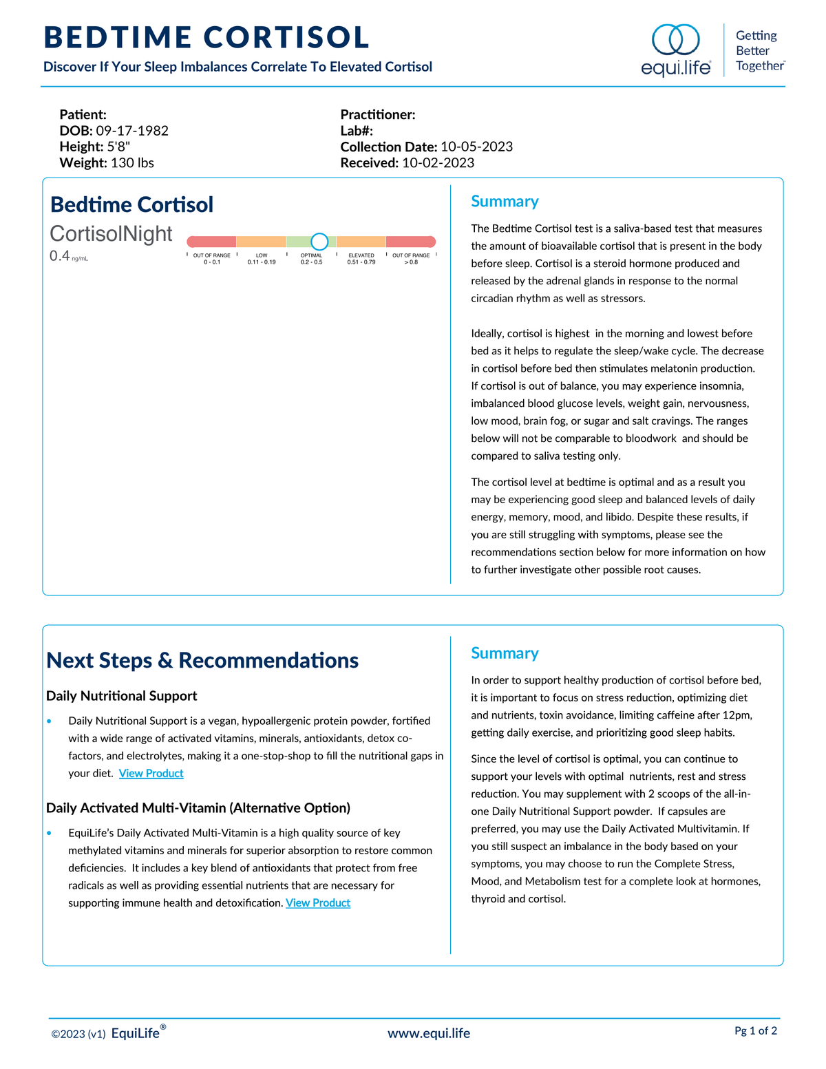 EquiLife Bedtime Cortisol Test Lab Result Page 1