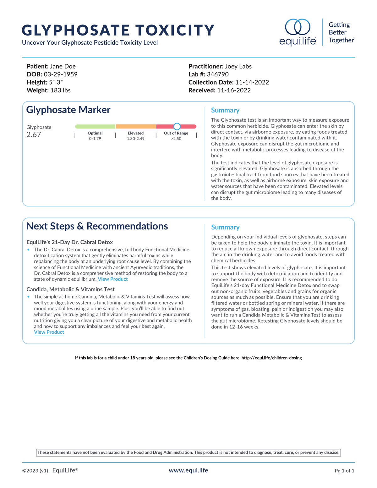 EquiLife Glyphosate Toxicity Test Lab Result Page 1