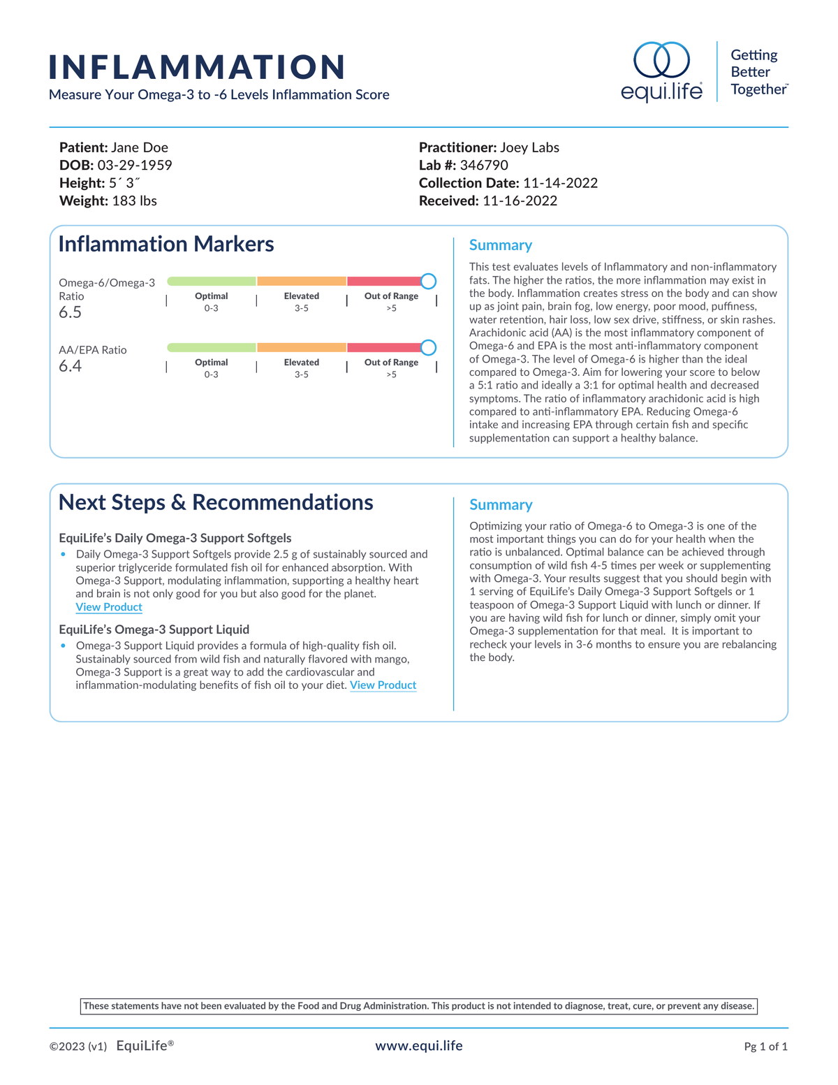 EquiLife Inflammation Test Lab Result Page 1
