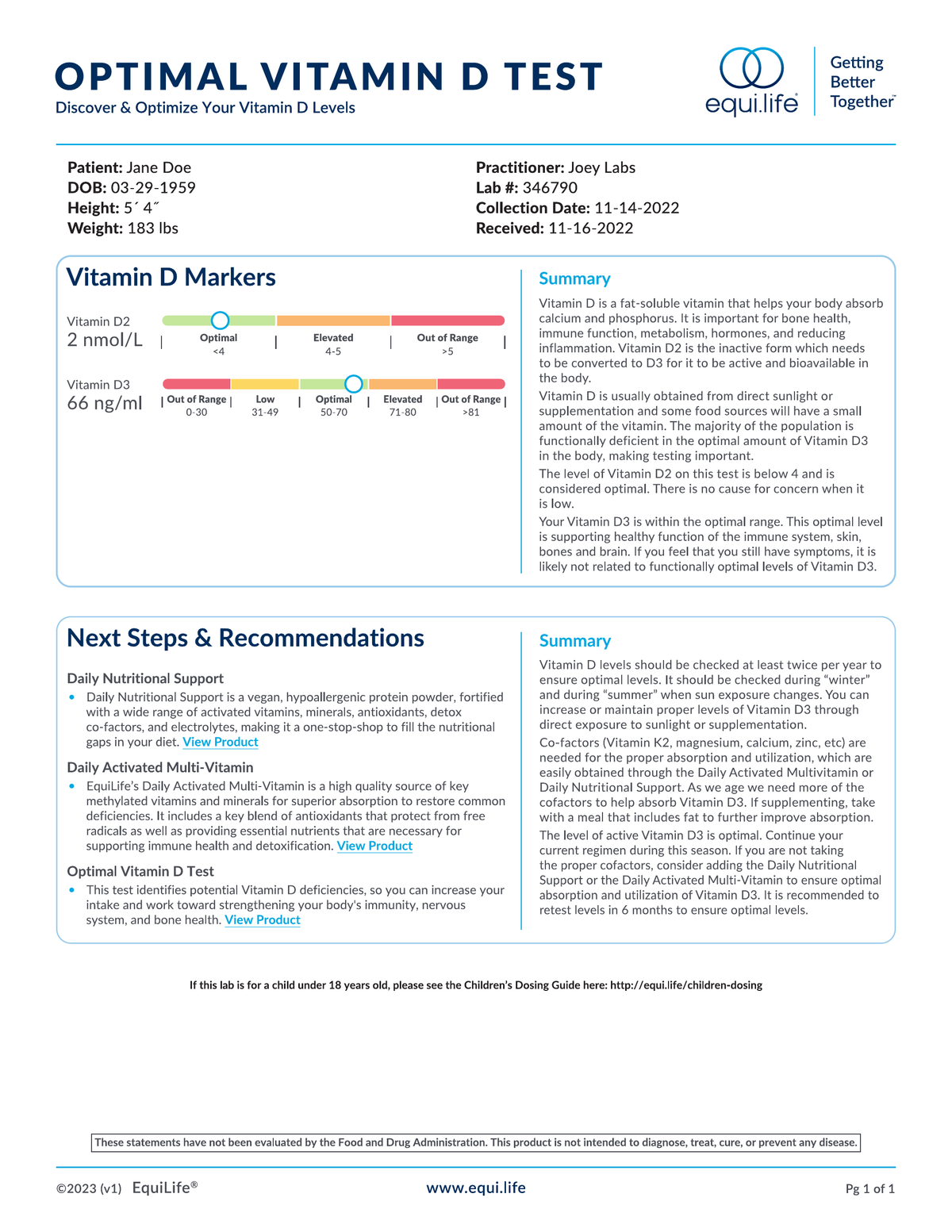 EquiLife Optimal Vitamin D Test Lab Result Page 1
