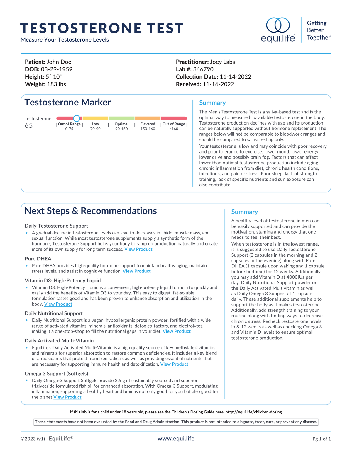 EquiLife Testosterone Test Lab Result Page 1