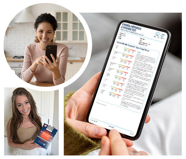 EquiLife Candida, Metabolic & Vitamins Test results shown on a phone