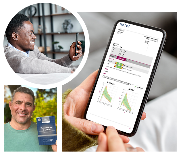 EquiLife Male Hormones: Testosterone & DHEA Test results shown on a phone