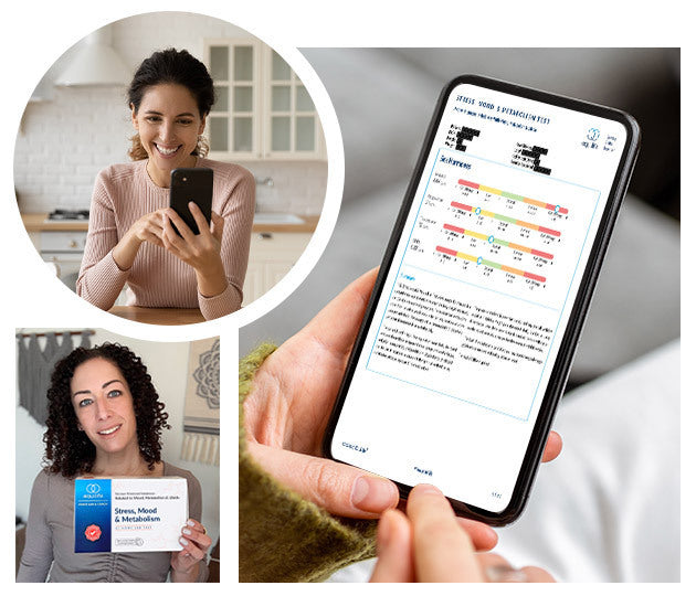 EquiLife Stress, Mood & Metabolism Test results shown on a phone