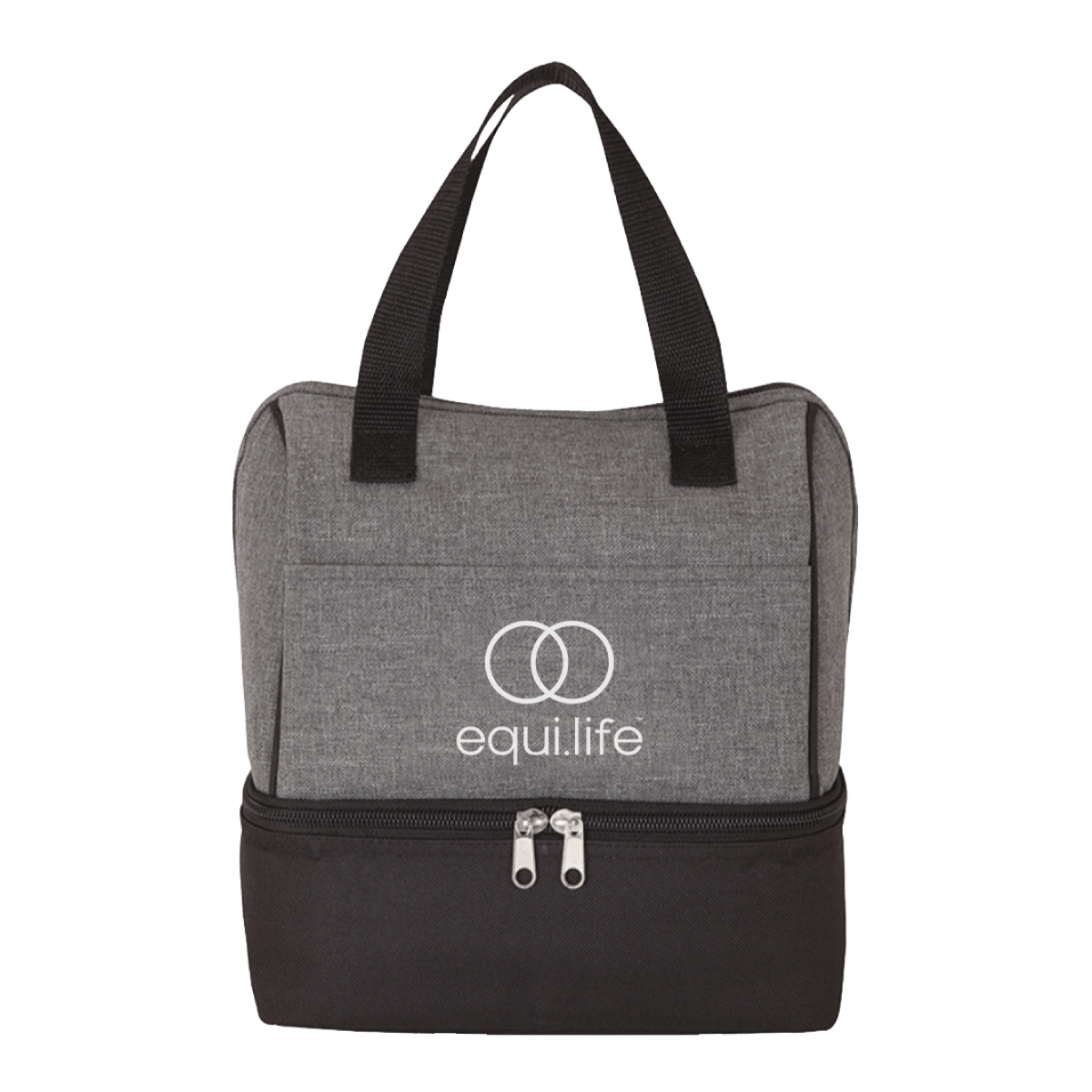 EquiLife Lunch Cooler in heather gray with black handles, a front pocket, and a zippered lower compartment